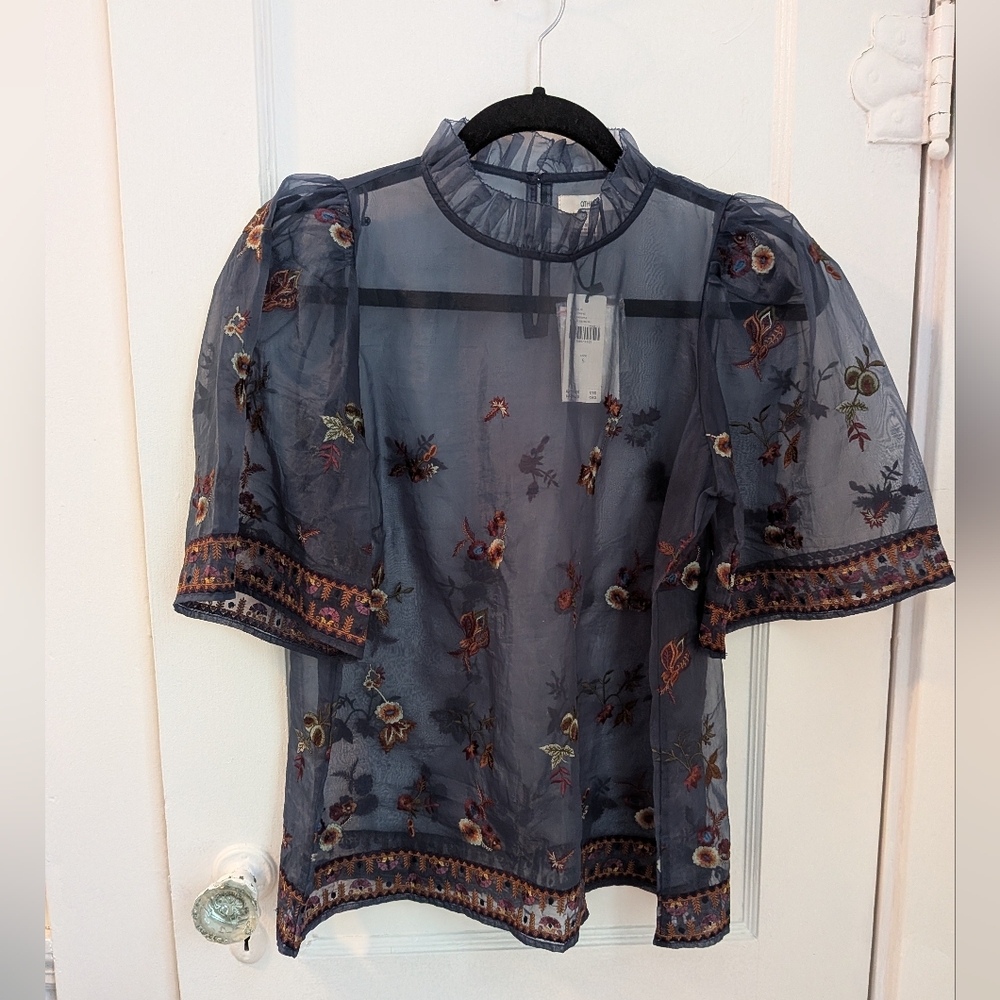 NWT Anthropologie Othilia Sheer Embroidered Puff-Sleeve Blouse - Size S - Picture 3 of 11